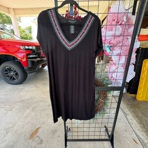 Black V-Neck Top with Pink and Blue Embroidery